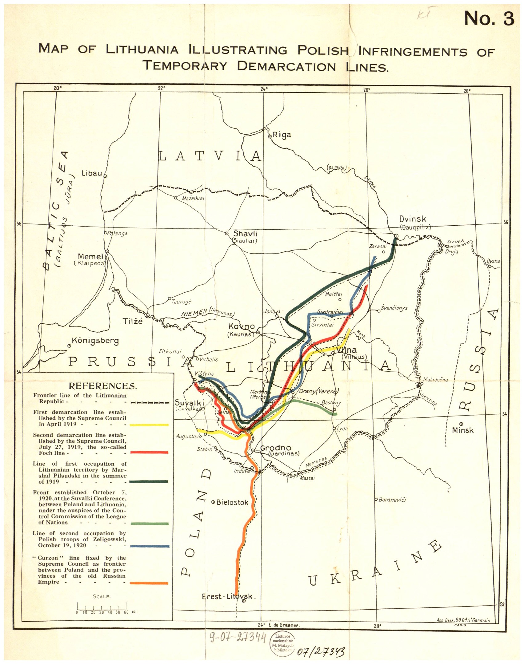 Detailierte Karte von Litauen mit markierten polnischen Verstößen gegen übergehende Demarkationslinien, einschließlich Städte, Ortschaften und geografische Merkmale, begleitet von erläuterndem Text.
