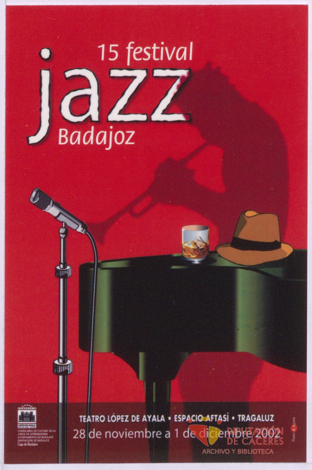 Plakat für das 15. Festival Jazz Badajoz mit einem Mikrofon, Hut und Glas auf einem Tisch mit Text zu den Festivaldetails.
