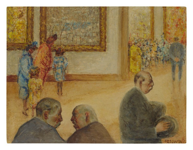 Plakat an einer Gebäudewand mit der Aufschrift "Für die Museen" und einem zentralen Porträtbild umgeben von Text.