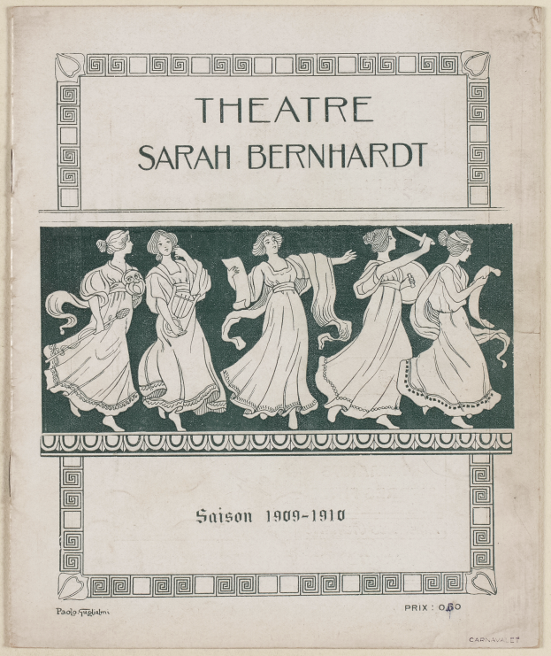 Ein Vintage-Plakat des Theaters Sarah Bernhardt von 1909-1910, das eine Gruppe von Frauen in der Mitte zeigt.