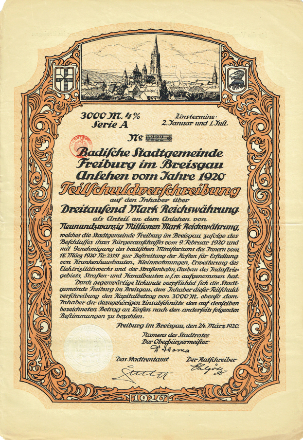 Ein altes deutsches Wertpapier mit einer Stadtansicht-Illustration und gedrucktem Text über die Herkunft des Wertpapiers.