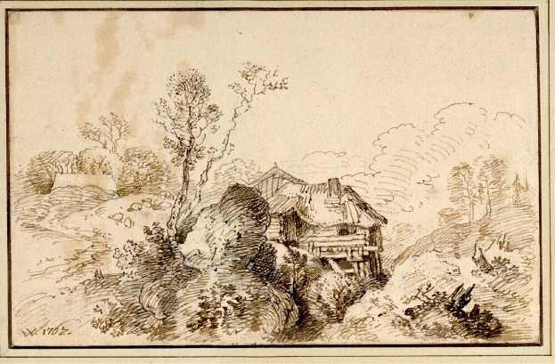 Eine bewaldete Landschaft mit einem Haus in der Ferne, umgeben von Bäumen und Pflanzen, eingerahmt von einem Photo-Rahmen, der eine friedliche und ruhige Atmosphäre vermittelt.