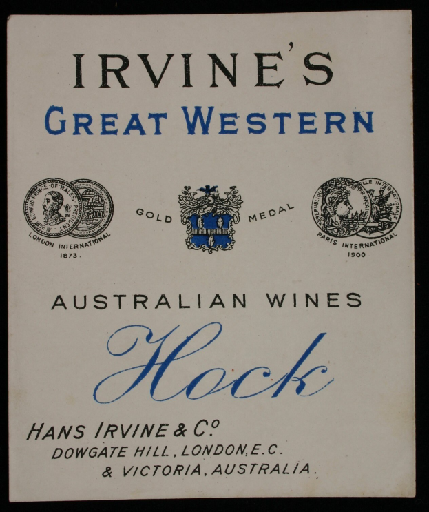Plakat, das die großartigen australischen Weine von Irvine bewirbt, mit dem Namen des Unternehmens, dem Text "Hock" und Logos.
