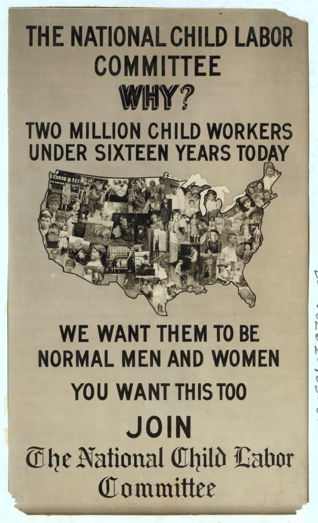 Plakat mit USA-Karte und Text über die Nationale Kommission für Kinderarbeit.