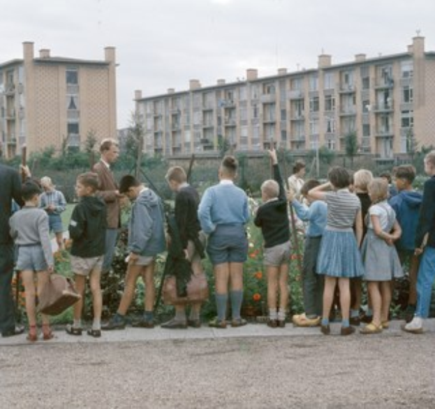 Eine Gruppe von Kindern steht draußen vor einem Gebäude, umgeben von blühenden Pflanzen und Bäumen unter einem klaren blauen Himmel, einige halten Schulranzen.