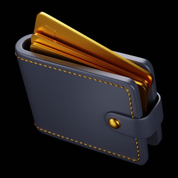 Eine blaue Geldbörse mit mehreren goldenen Kreditkarten auf einem weißen Hintergrund.