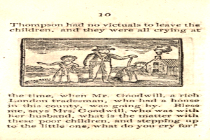 Eine handgezeichnete Abbildung auf Papier zeigt einen besorgten Mann mit zwei weinenden Kindern und der Bildunterschrift "Thompson hatte keine Opfer, um die Kinder zu hinterlassen, und sie weinten alle zu dieser Zeit."