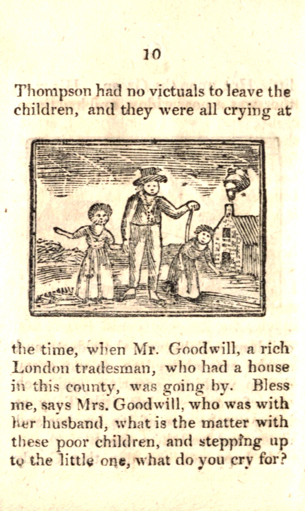 Eine handgezeichnete Abbildung auf Papier zeigt einen besorgten Mann mit zwei weinenden Kindern und der Bildunterschrift "Thompson hatte keine Opfer, um die Kinder zu hinterlassen, und sie weinten alle zu dieser Zeit."