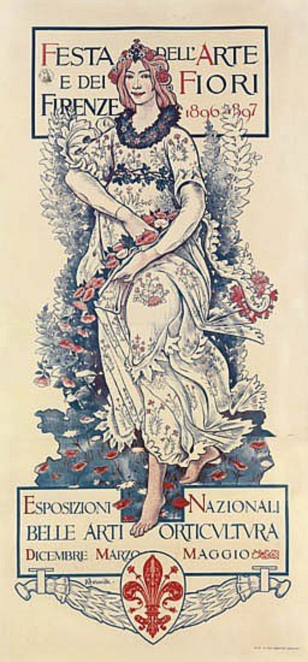 Ein Festivalplakat in Italien, das eine Frau in einem wallenden weißen Kleid mit einem hohen Kragen, langen Ärmeln und einem Dutt zeigt, vor einem hellblauen Hintergrund mit fetter schwarzer Schrift.