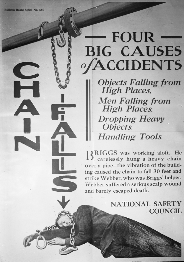 Ein Schwarz-Weiß-Plakat mit einer Person auf einer Stange liegend und Ketten, betitelt mit "Vier große Unfallursachen".