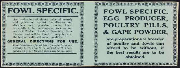 Plakat mit schwarzem Hintergrund, das den Text 'Fowl Specific Egg Producer, Poultry Pills und Cape Powder' anzeigt.