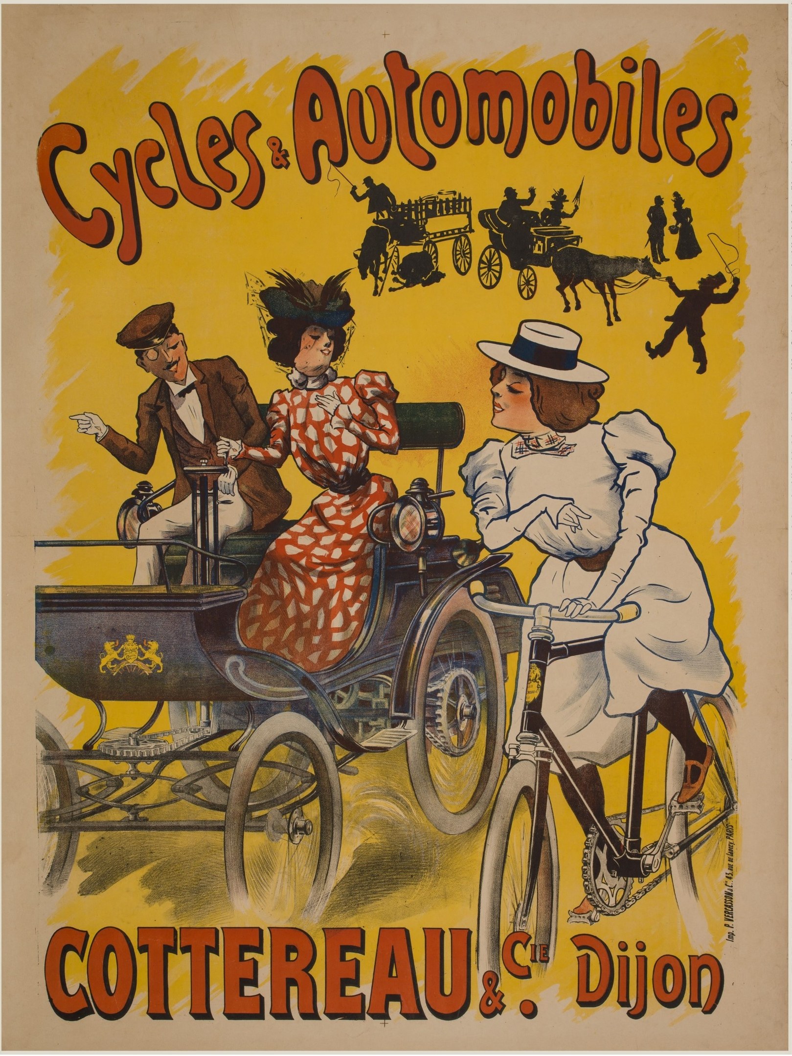 Plakat, das Fahrräder und Automobile in Cottereau und Dijon, Frankreich, bewirbt, zeigt Menschen, die Fahrräder fahren und eine Kutsche mit dem Text "Fahrräder und Automobile" oben.