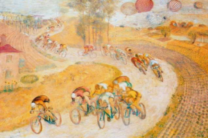 Gemälde namens "Die Tour de France" von Paul Cézanne, das Menschen auf Fahrrädern eine Schotterstraße entlangfahren zeigt, mit Bäumen und einem Haus links.