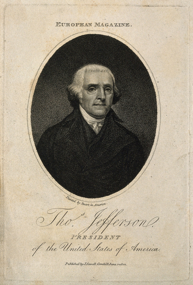 Porträt von Thomas Jefferson, Präsident der Vereinigten Staaten, auf dem Cover des European Magazine, in schwarzem Anzug und weißem Hemd mit ernstem Gesichtsausdruck, zurückgekämmtem Haar, direkt in die Kamera schauend, mit dem Magazintitel in fetten weißen Buchstaben oben drauf.