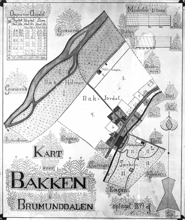 Ein Schwarz-Weiß-Plakat mit einer detaillierten Karte von Bakken, Deutschland, mit Straßen, Gebäuden und Sehenswürdigkeiten.