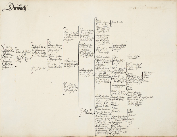 Ein aufgeschlagenes Buch mit einer handschriftlichen Genealogie einer deutschen Familie, gefüllt mit Text über Familienmitglieder und ihre Abstammung.