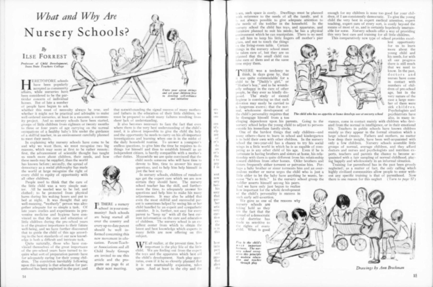 Ein aufgeschlagenes Buch mit einer Zeichnung von Kindern, die in einer Kita spielen, sowie begleitendem Text und einer Tabelle mit verschiedenen Gegenständen.