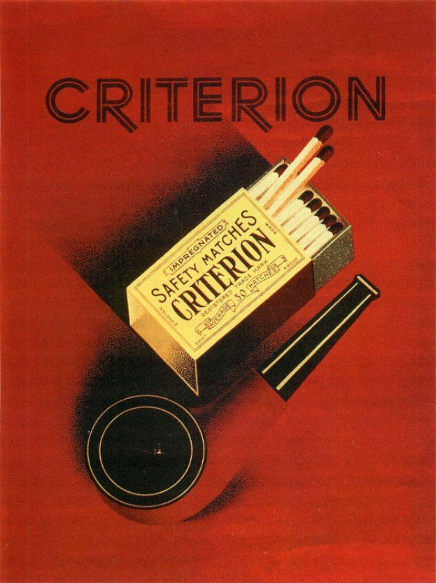 Rotes Buch mit einer "Criterion Safety Matches"-Zigarettenschachtel obenauf, mit Text auf dem Cover.