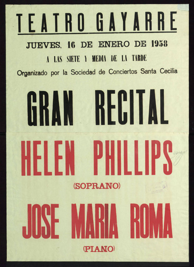 Ein Konzertplakat mit Helen Phillips und Jose Maria Roma und den Event-Details.