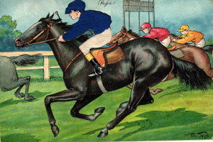 Malen von drei Jockeys auf Pferden beim Rennen, mit einem Zaun, Bäumen und Himmel im Hintergrund und dem Text "Pferderennen" unten.