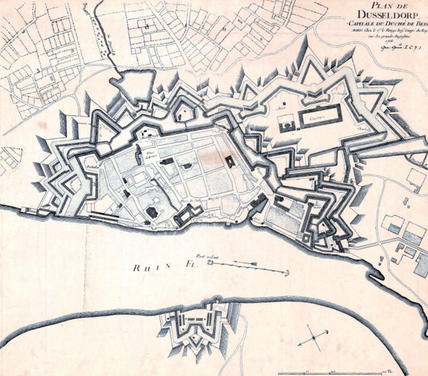 Detailierte Stadtplan-Poster von Düsseldorf, Deutschland, zeigt Straßen, Gebäude, Sehenswürdigkeiten und Text mit Bevölkerungsdaten, Geschichte und kulturellen Informationen.