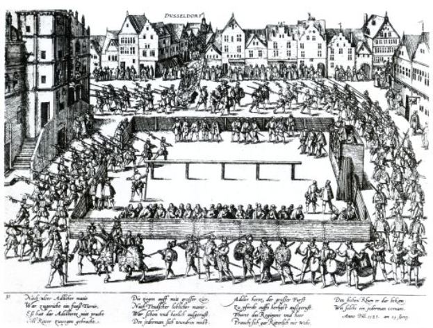 Eine Schwarz-Weiß-Zeichnung einer kämpfenden Menge in einer Stadt mit Gebäuden im Hintergrund und dem Text 'Die Schlacht von Düsseldorf' unten.