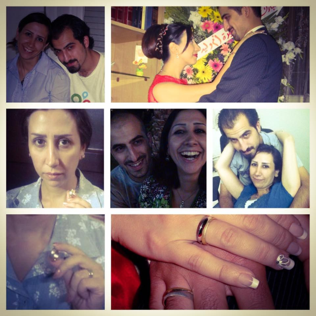 Ein Collage mit einem Mann und einer Frau, die Eheringe tragen, umgeben von Blumenschmuck und anderen dekorativen Elementen.