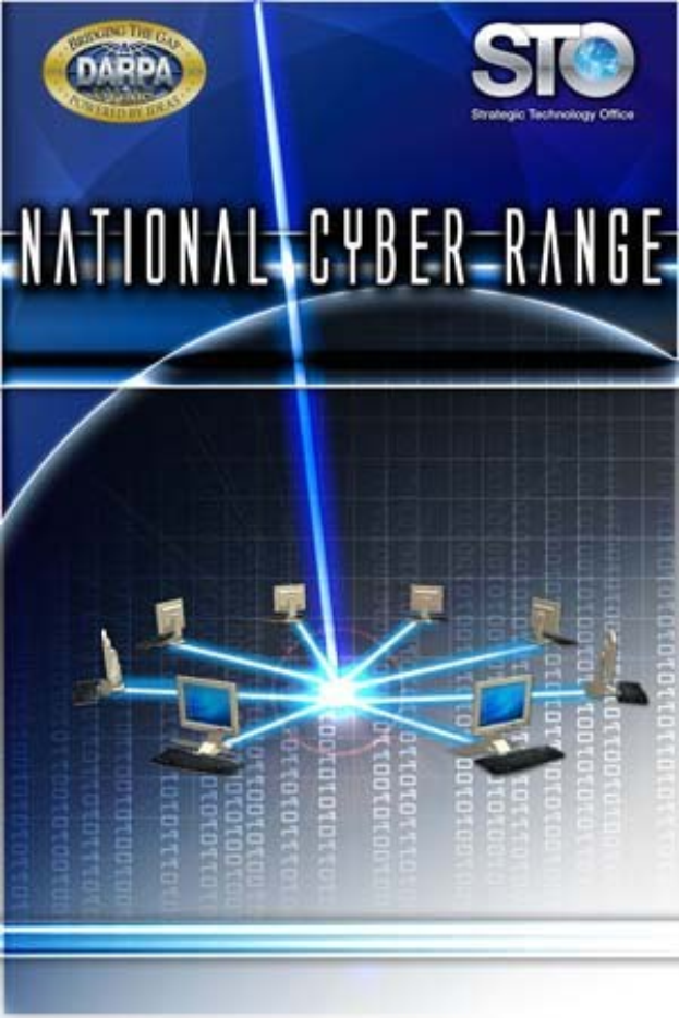 Plakat mit "Nationales Cyber-Range" in fetter weißer Schrift auf blauem Hintergrund, das eine Weltkugel mit mehreren angeschlossenen Computern zeigt.