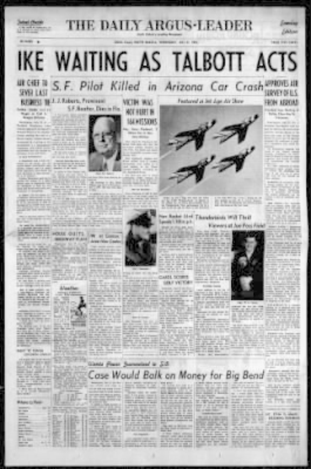 Die Titelseite der Daily Argus-Leader Zeitung aus Arizona mit einem schwarzen Hintergrund, der Schlagzeile 'Ike Waiting as Talbott Acts' und mehreren Bildern von Menschen und Flugzeugen.