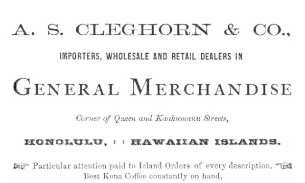 Schwarzes und weißes Papier mit dem Text "A.S. Cleghorn & Co. Importeure, Groß- und Einzelhandelsgeschäfte in Allgemeinwaren" darauf gedruckt.