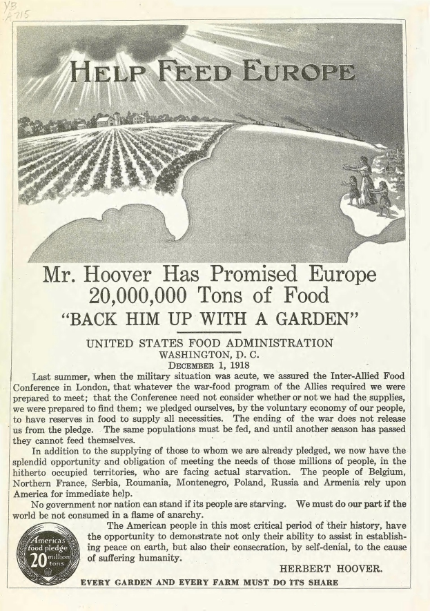 Plakatwerbung für die Initiative von Herrn Hoover zur Unterstützung der Ernährung in Europa, mit Text und einem Bild.