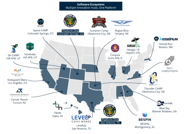 Eine Karte der Vereinigten Staaten, die Unternehmenslogos anzeigt, um die Standorte des Software-Ökosystems darzustellen, mit zusätzlichem Text, der Details über die Unternehmen und ihre Standorte bereitstellt.