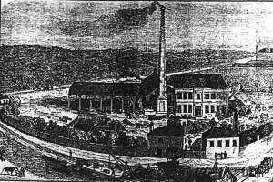 Schwarz-weiß-Zeichnung einer Fabrik in einem Feld mit Gebäuden, Bäumen und einem Pfahl im Vordergrund, beschriftet mit "The New York State Penitentiary" unten.