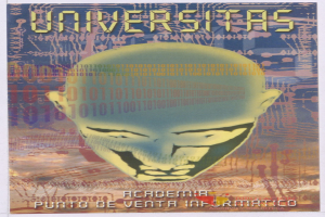 Plakat mit einem kahlköpfigen Mann mit breitem, geschlossenäugigem Lächeln, umgeben von Text und Zahlen, mit der Aufschrift "Universitas" in fetter schwarzer Schrift.