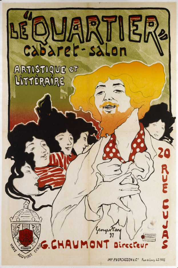 Plakat für das Quartier Cabaret Salon in Paris mit einer Gruppe von Menschen umgeben von fettem Text in einem dekorativen Rahmen mit einem gedämpften blauen, grünen und gelben Farbschema.