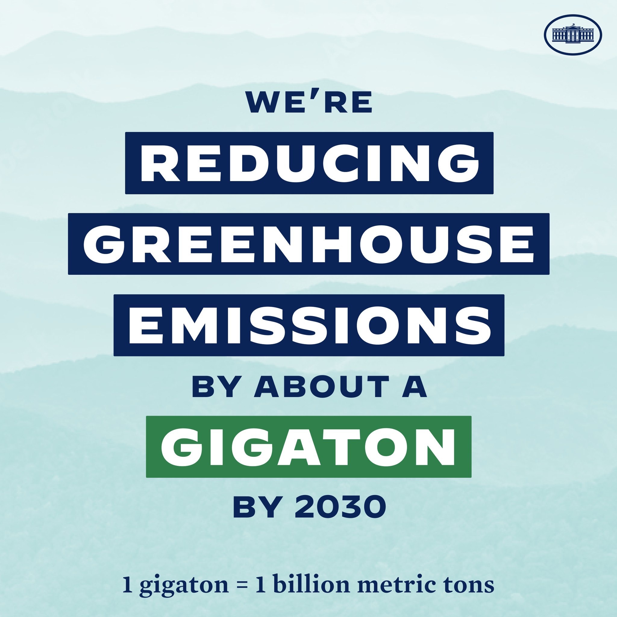 Plakat mit Text und Logo, das "Wir reduzieren die Treibhausgasemissionen um etwa eine Gigatonne bis 2030" verkündet und damit für eine signifikante Reduzierung der Treibhausgasemissionen bis 2030 wirbt.