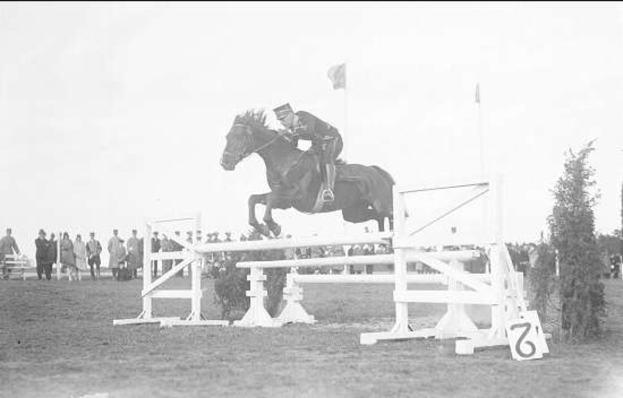 Ein Schwarz-Weiß-Foto eines rotbraunen Pferdes mit einer weißen Blesse, das über ein Hindernis springt, geritten von einer Person in einem weißen Hemd und schwarzen Hosen, mit Zuschauern und Bäumen im Hintergrund.
