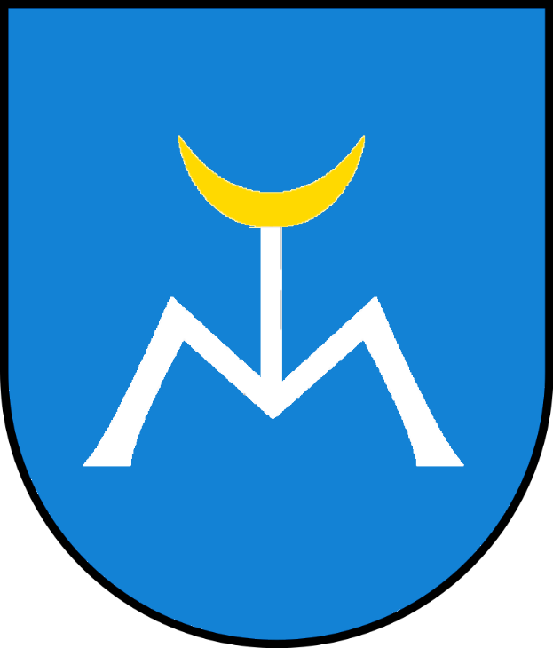 Ein blau-weißer Schild mit einem gelben Halbmond, geteilt in zwei Abschnitte mit der oberen Hälfte blau und der unteren Hälfte weiß, umgeben von einem weißen Rand.