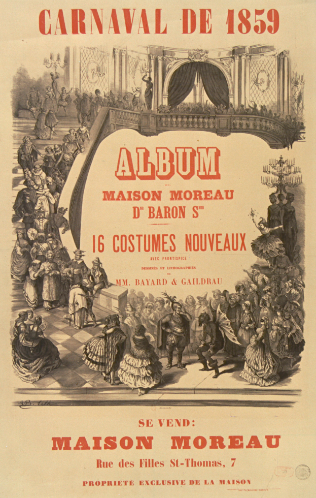 Ein Vintage-Plakat für den Karneval von 1859, das eine Gruppe in farbenfrohen Kostümen mit beschreibendem Text zeigt.