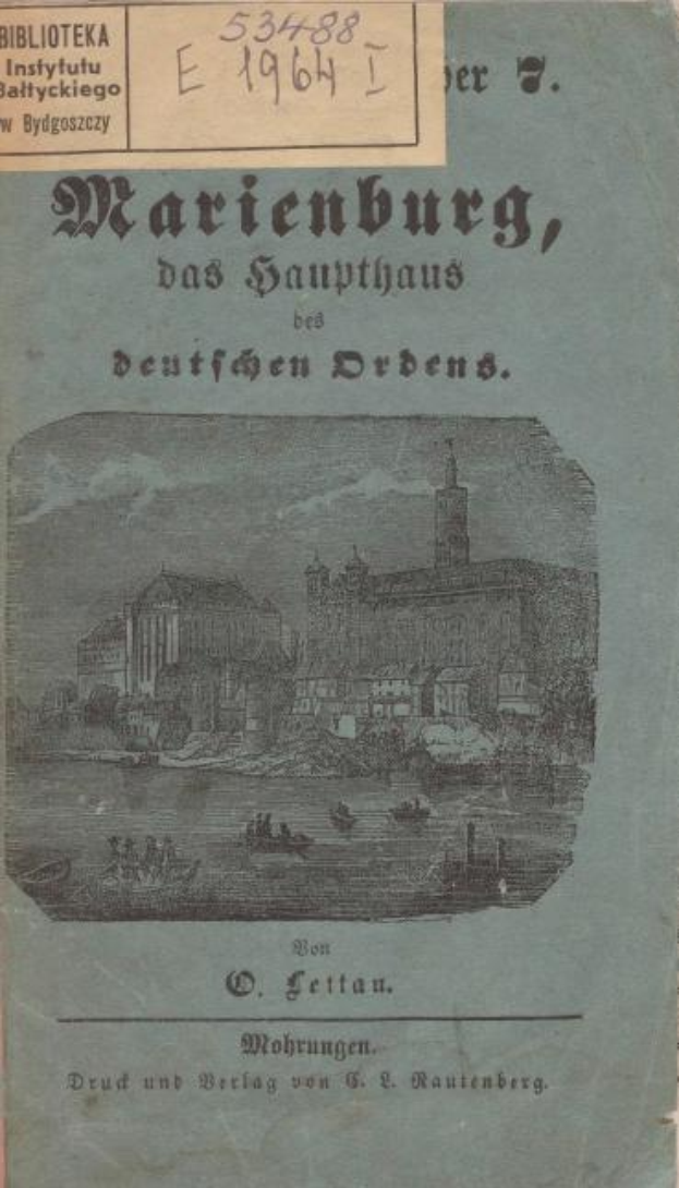 Ein altes Buch mit dem Titel "Marienburg, Das Sanythaus bei deutschen Orben" von O. Leitan aus dem Jahr 1944, das eine detaillierte Illustration einer Stadt auf dem Cover zeigt.