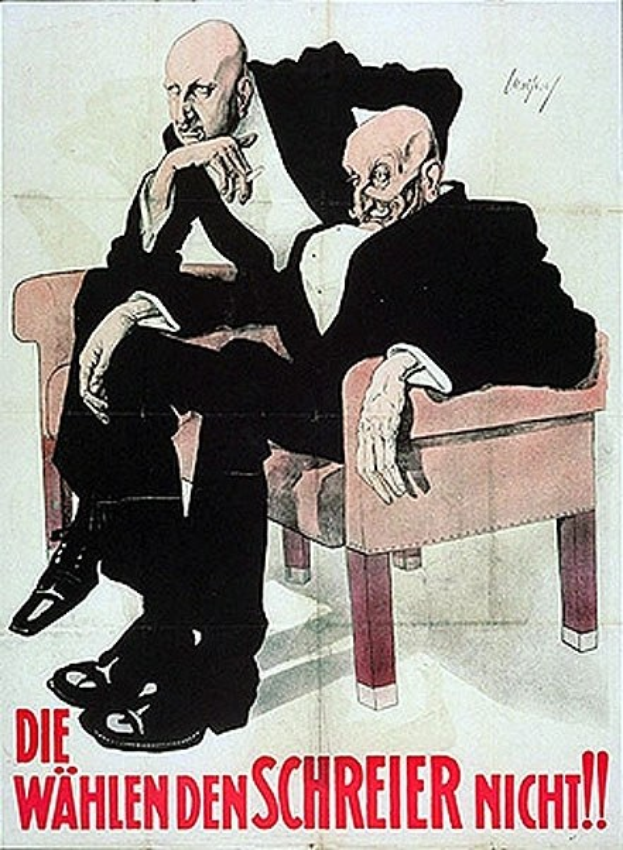 Deutsches Propagandaplakat der NSDAP mit zwei Männern auf einem Sofa und Text zur Parteipropaganda