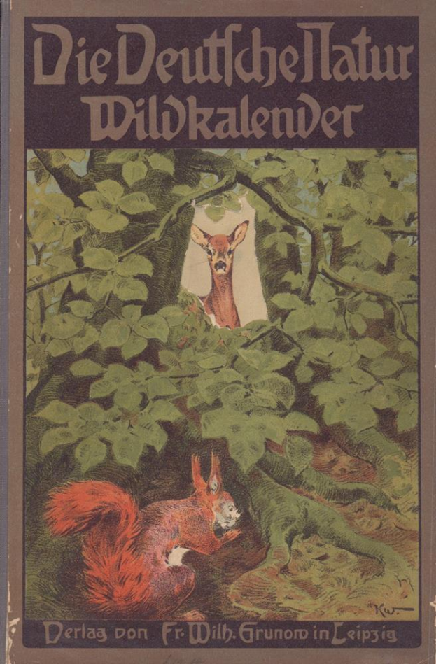 Ein Buch mit dem Titel "Die Deutsche Jagd Wildkalender" mit einem Bild von einem Hirsch und einem Eichhörnchen in einem Waldgebiet.