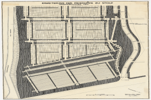 Ein altes Stadtplan mit zahlreichen Gebäuden und einer Stadtkarte, mit Texten zur Stadtplanung.