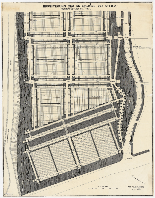 Ein altes Stadtplan mit zahlreichen Gebäuden und einer Stadtkarte, mit Texten zur Stadtplanung.