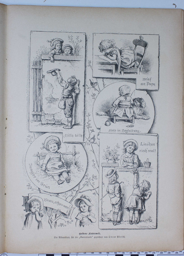 Ein aufgeschlagenes Buch auf einer flachen Oberfläche zeigt eine Zeichnung von lachenden Kindern verschiedenen Alters und Geschlechts, die in einem üppigen grünen Garten mit Bäumen und Sträuchern spielen.