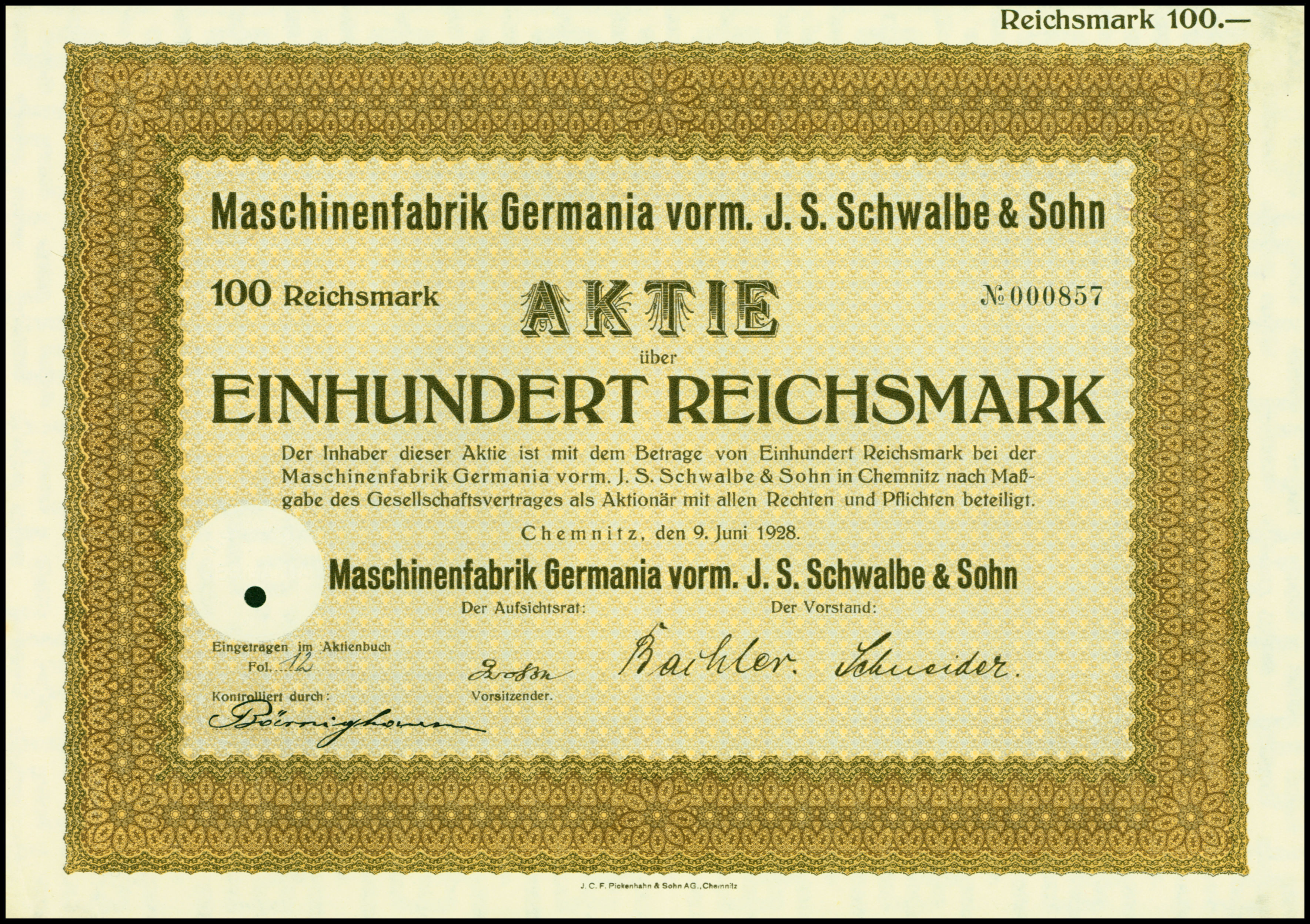 Ein altes deutsches Wertpapier mit goldenem Rand und fettem Text, eingerahmt von einem schwarzen Rand.