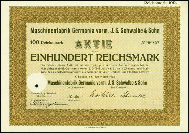 Ein altes deutsches Wertpapier mit goldenem Rand und fettem Text, eingerahmt von einem schwarzen Rand.