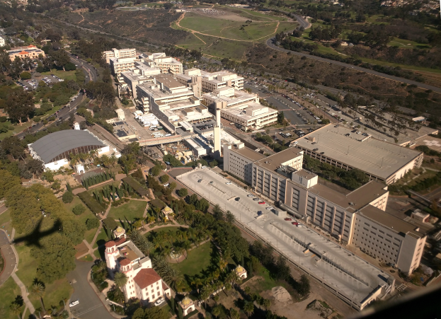 Luftaufnahme einer Stadt mit zahlreichen Gebäuden, Straßen, Fahrzeugen und Grünflächen, mit einem prominenten Krankenhaus in der Mitte.