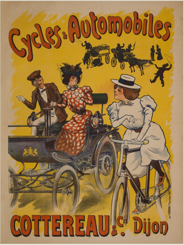 Plakat zur Förderung von Fahrrädern und Automobilen in Cottereau und Dijon, Frankreich, das Menschen auf Fahrrädern und eine Kutsche zeigt.