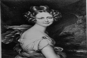 Schwarzes und weißes Porträt von Maria Feodorovna von Russland in einem Kleid, mit dunklem Hintergrund, direktem Blick und sanftem Ausdruck.